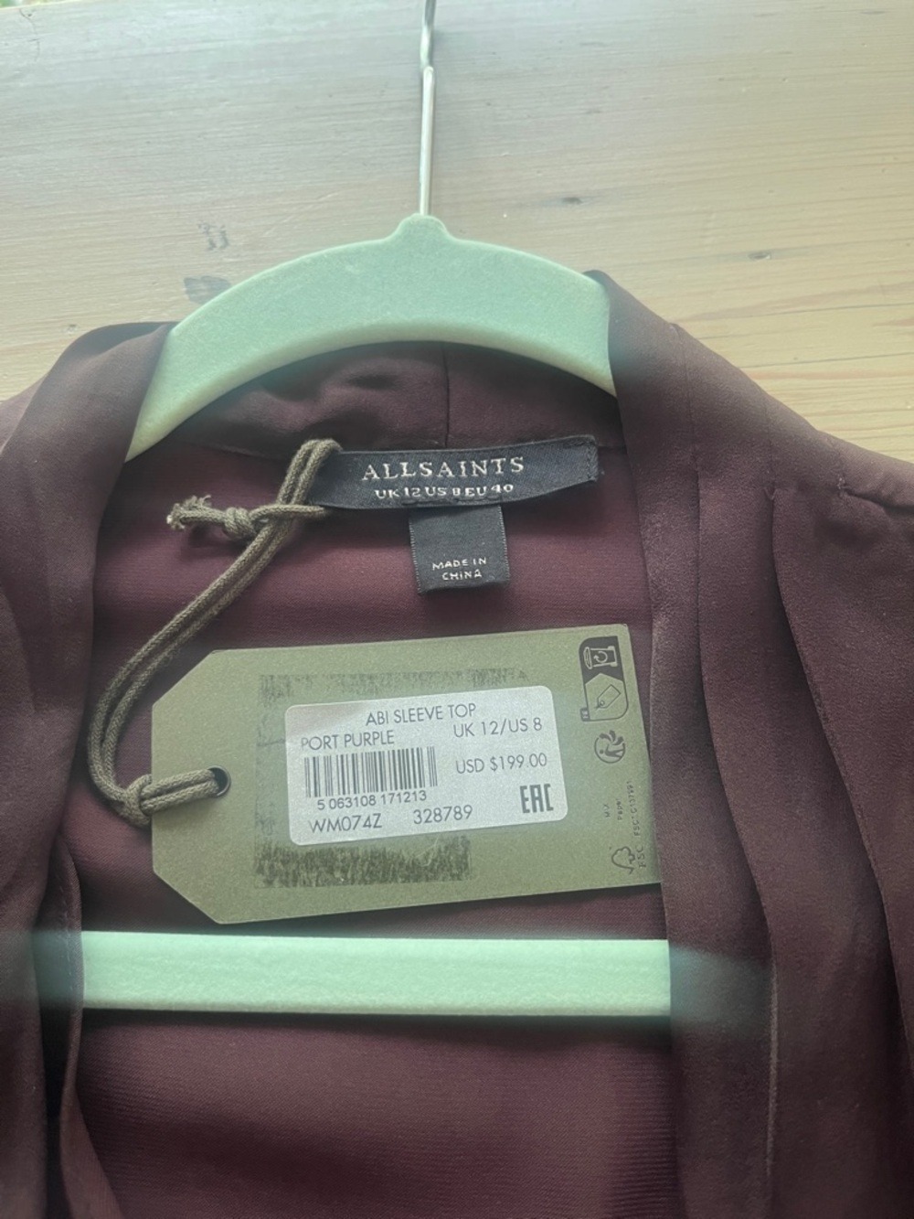 AllSaints Draped V-Neck Long Sleeve Blouse in Port Purple size 8 - Picture 6 of 6